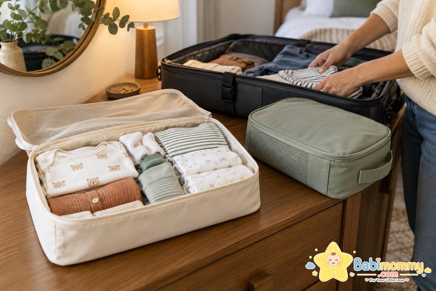 Hotel dresser with neatly folded clean baby clothes in an open cream packing cube on one side and a separate closed sage laundry pouch on the other side, adult hands unpacking suitcase nearby