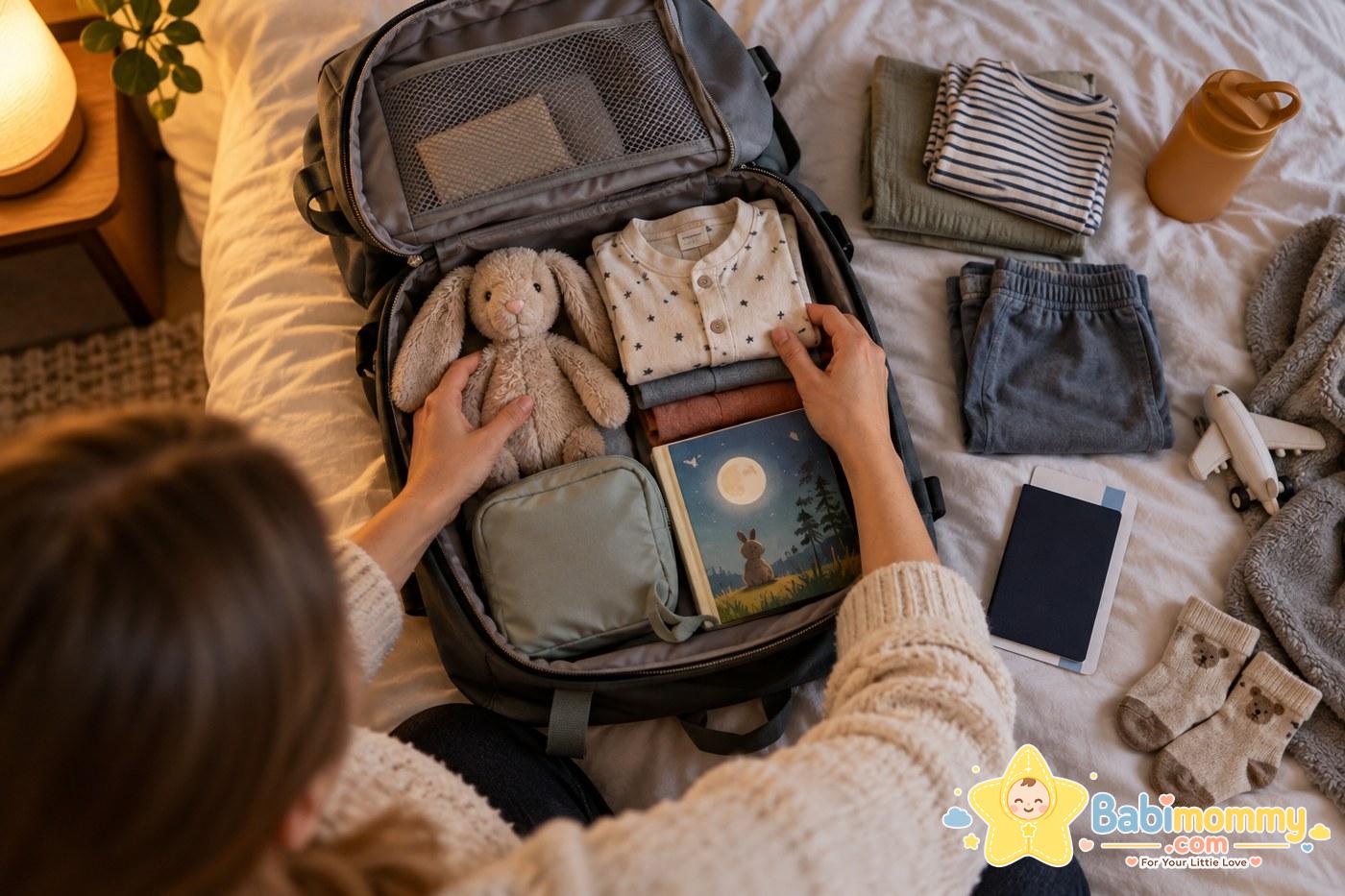A small selection of soft toys and books beside travel supplies